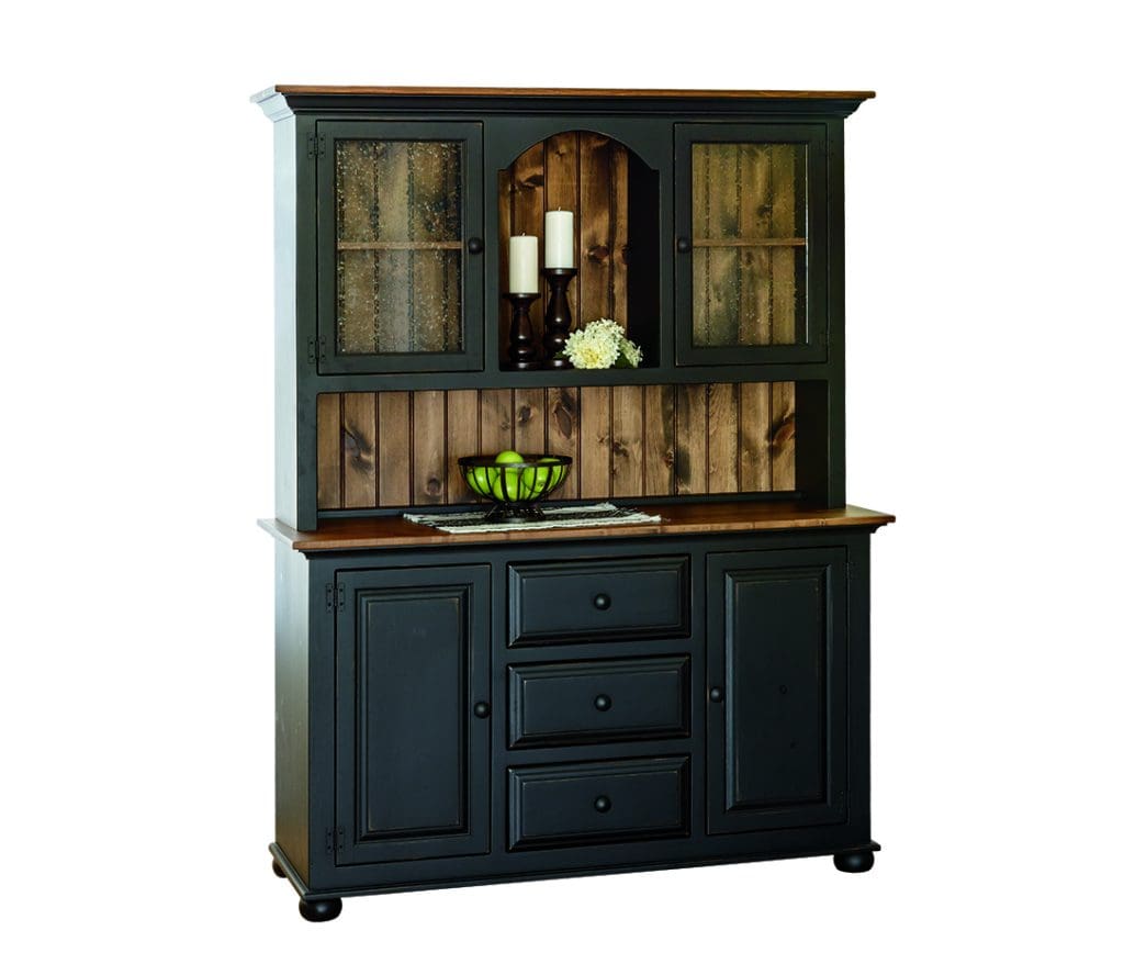 Large Server with Hutch Top painted black with wood panel back, 4 cabinets, an arched open shelf, 3 drawers, and an open shelf in the middle.