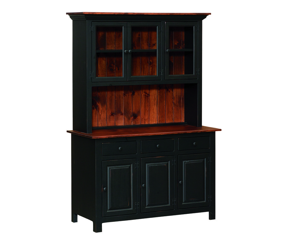 Kitchen Hutch painted black with wood panel backing, 6 cabinets, 3 drawers, and an open shelf in the middle.