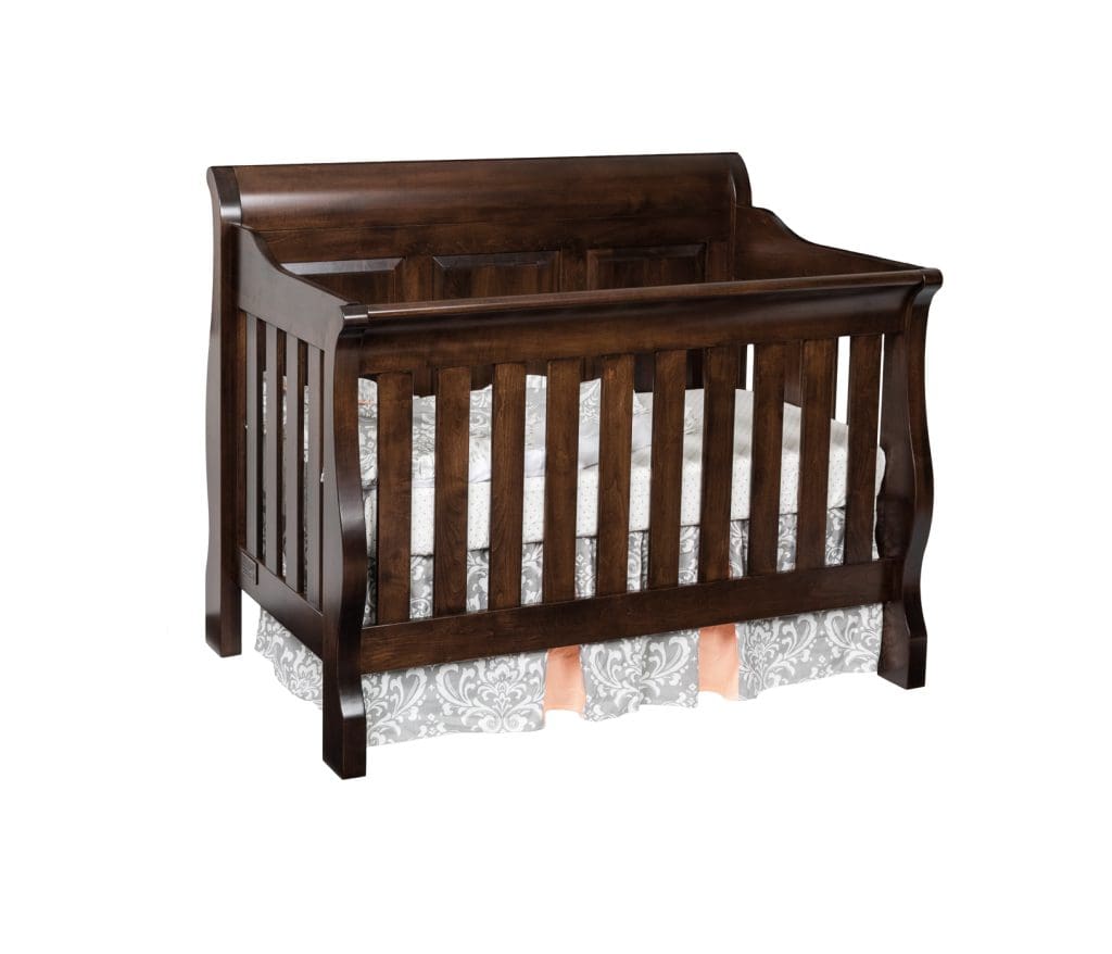 Traditional panel crib with dark brown stained hardwood sides and base.