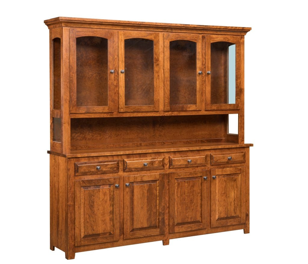 Newark Super Size Hutch made with a natural wood stain, 8 cabinets, 4 drawers, and an open shelf in the middle.