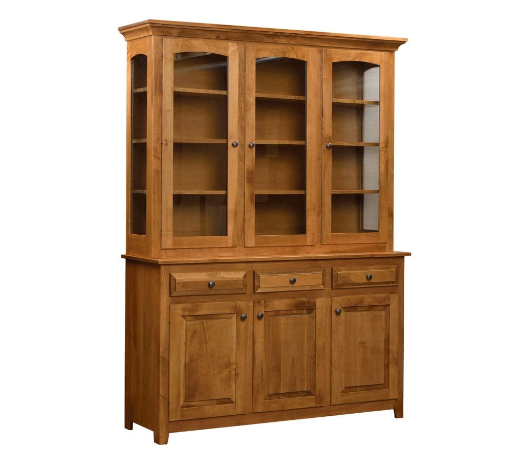 Princeton Three Door Hutch made with natural wood stain, 6 cabinets, and 3 drawers.