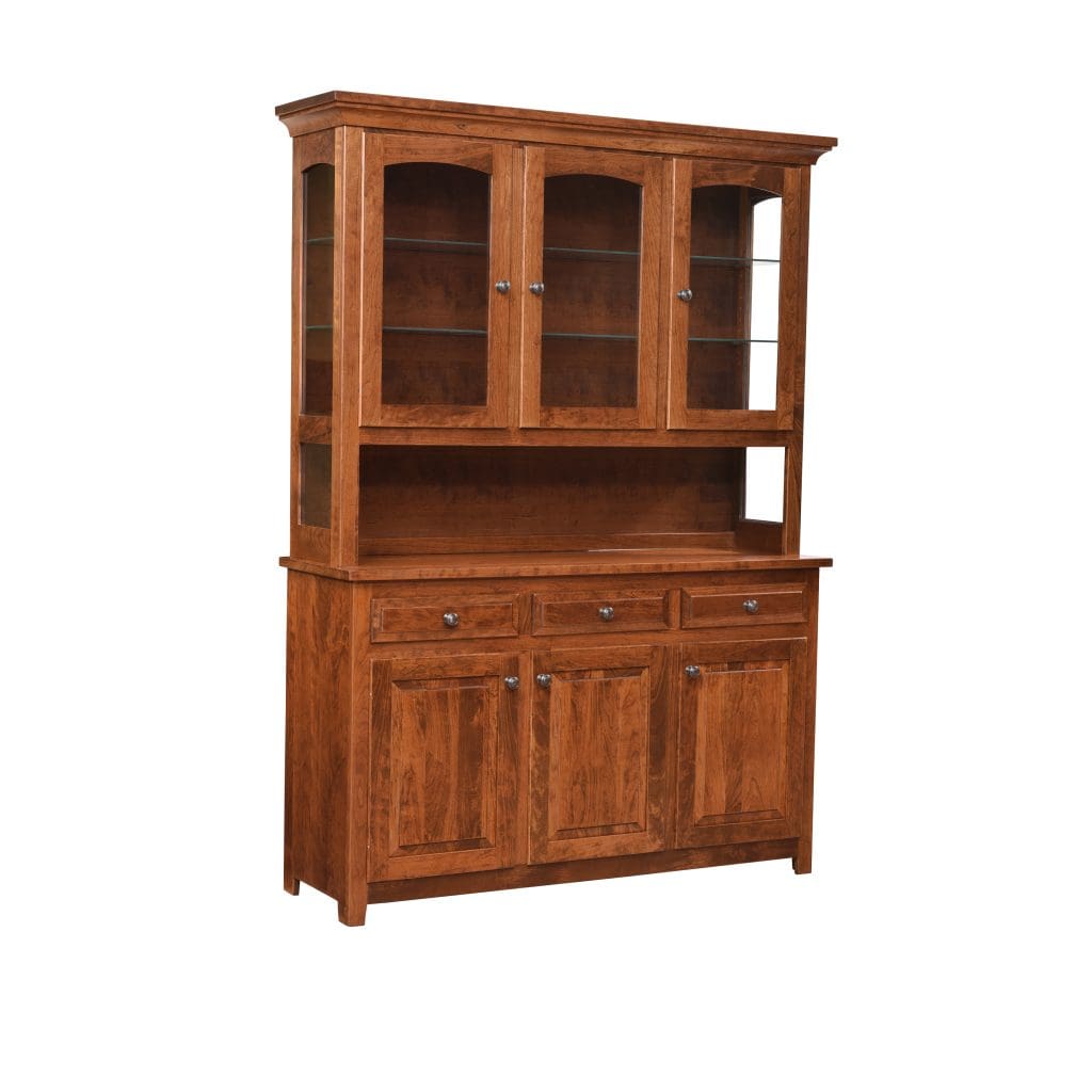 Silverton Three Door Hutch made with natural wood stain, 6 cabinets, 3 drawers, and an open shelf in the middle.