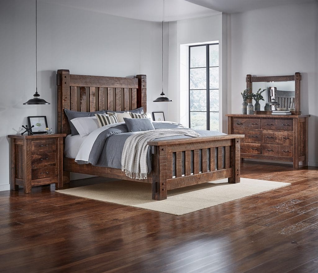 Houston Room Collection with a rough sawn hardwood bed, dresser, and nightstand.