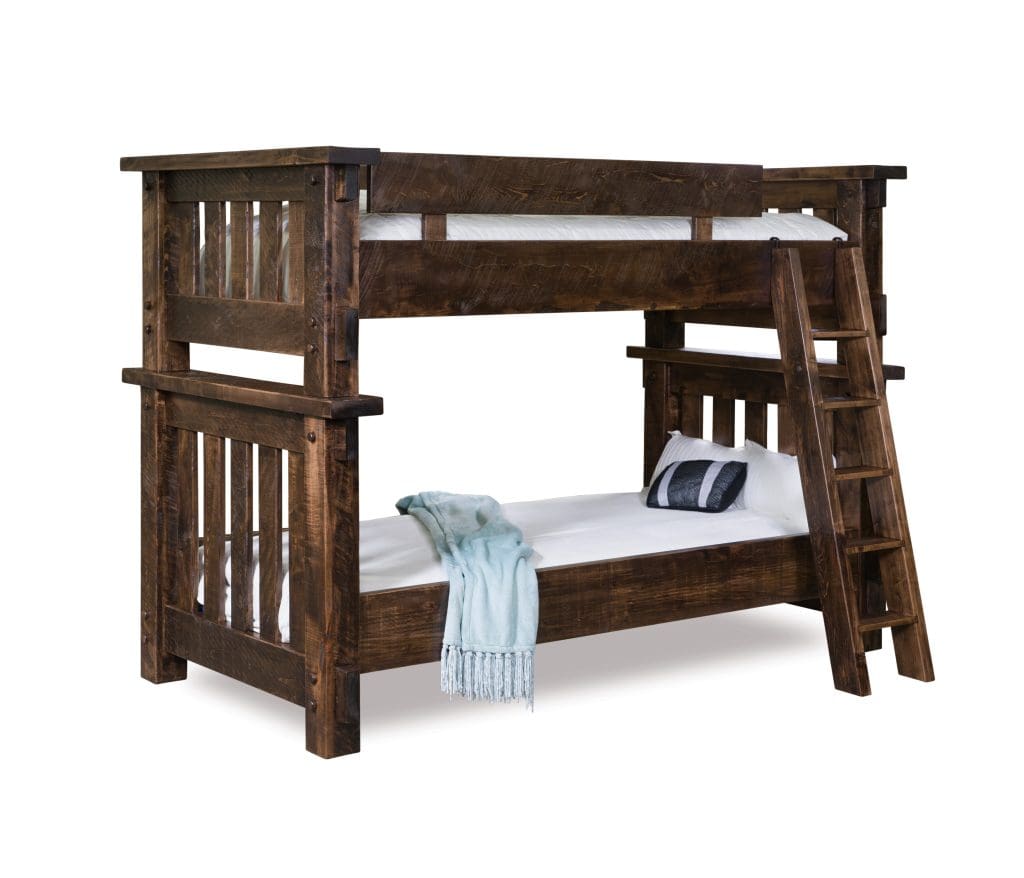 Set of brown hardwood bunk beds with white bedding and a ladder.