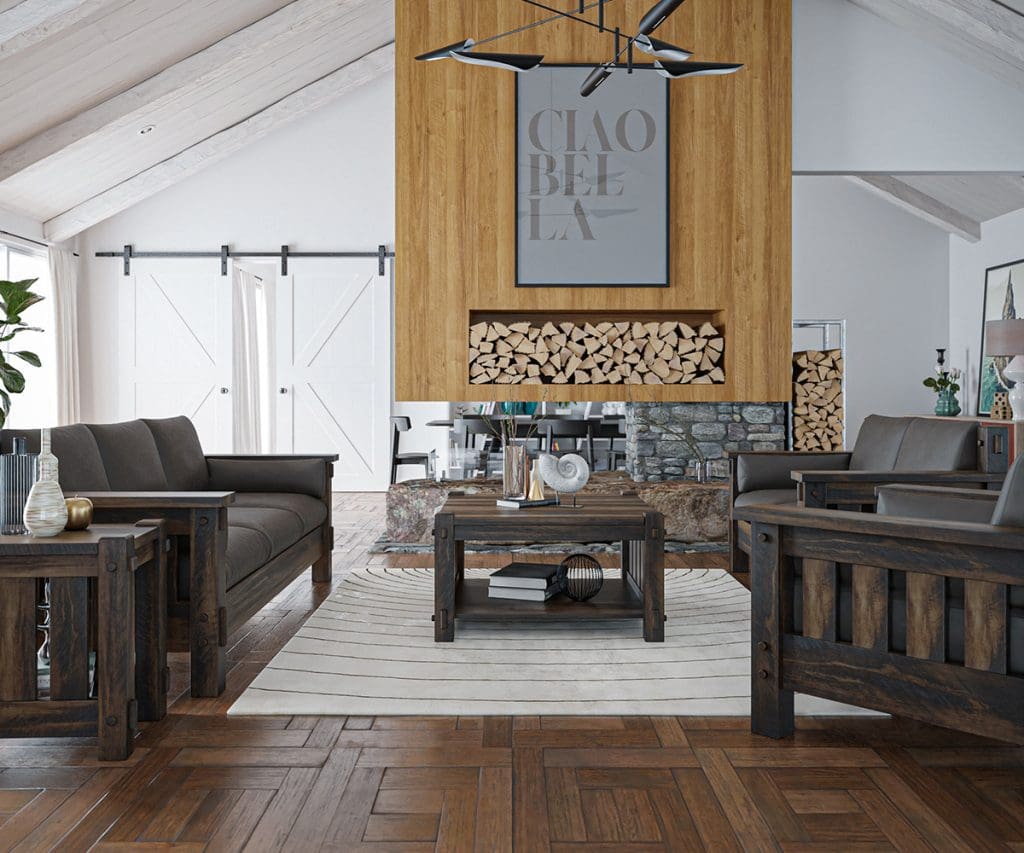 Industrial style living room with a large wood room divider, a white rug on a hardwood floor, a hardwood coffee table, and a set of matching leather and hardwood sofas.