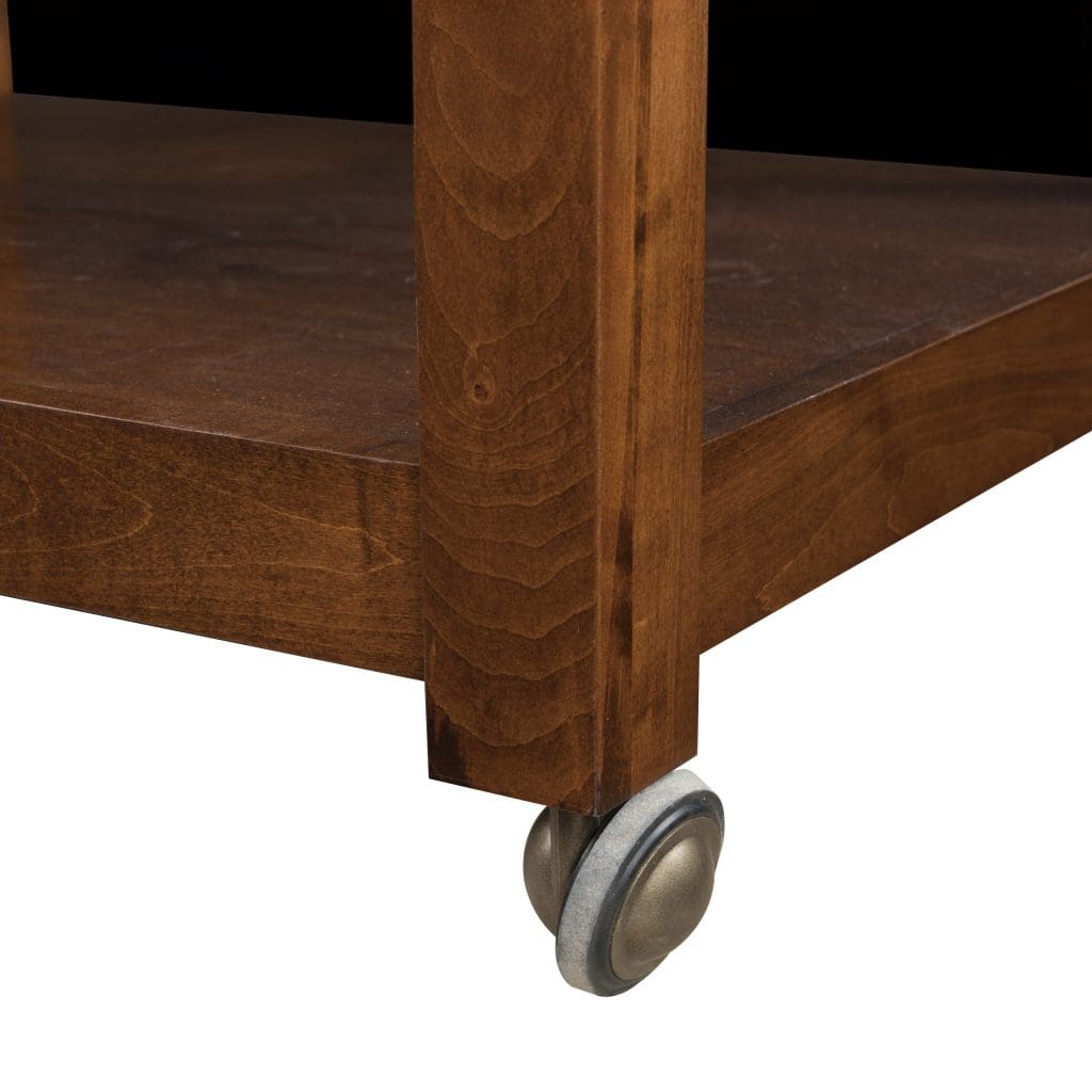 Close up of hardwood furniture with a caster.