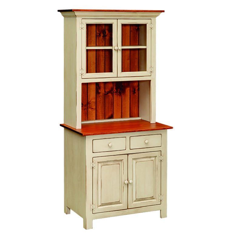 Small Kitchen Hutch painted white with wood panel back, 2 sets of cabinets, 2 drawers, and an open shelf in the middle.