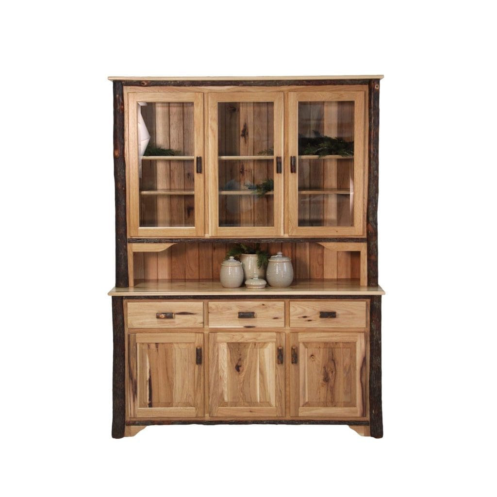 Three Door Hutch made with natural wood and log trim featuring 6 cabinets, 3 drawers, and an open shelf in the middle.