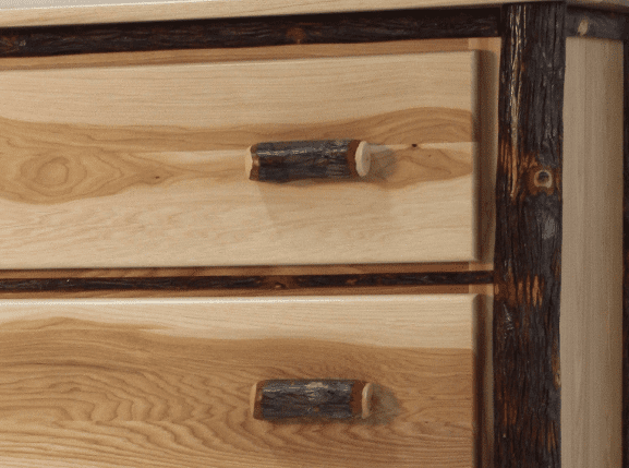 dresser from hickory lodge collection with hickory wood, log accents, and logs used for the drawer knobs