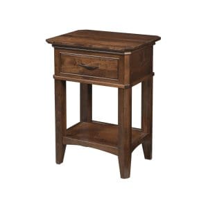 Brown hardwood nightstand with 1 drawer and an open lower shelf.