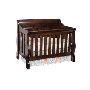 Traditional panel crib with dark brown stained hardwood sides and base.