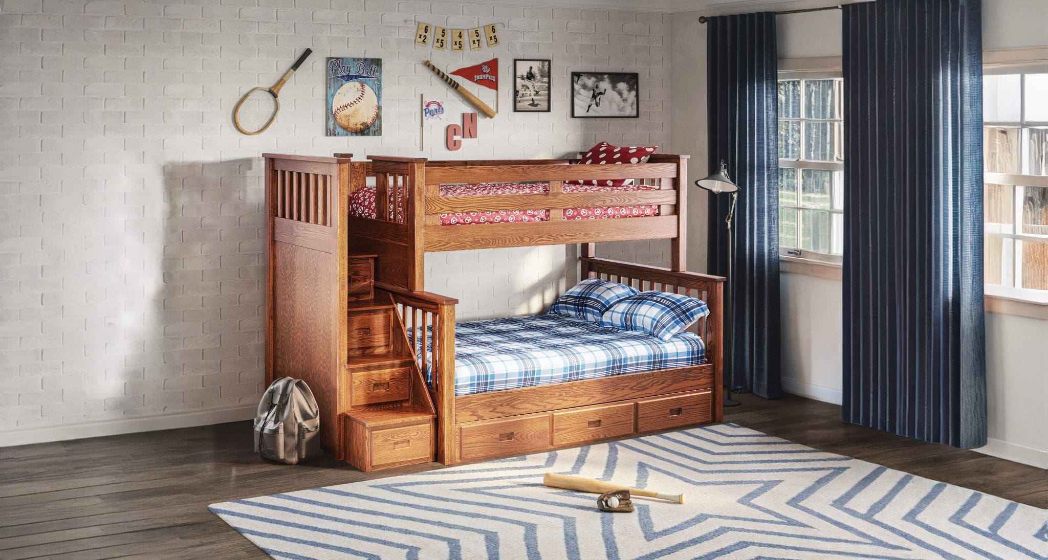 Brown wood bunk beds with steps in a sports-themed room.