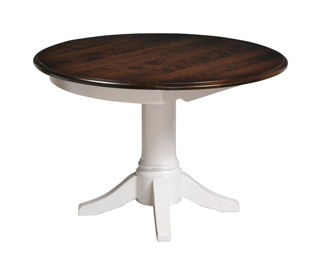 Pedestal Dropleaf dining table with sides lifted, a white painted wood pedestal base, and a round brown stained wood top.