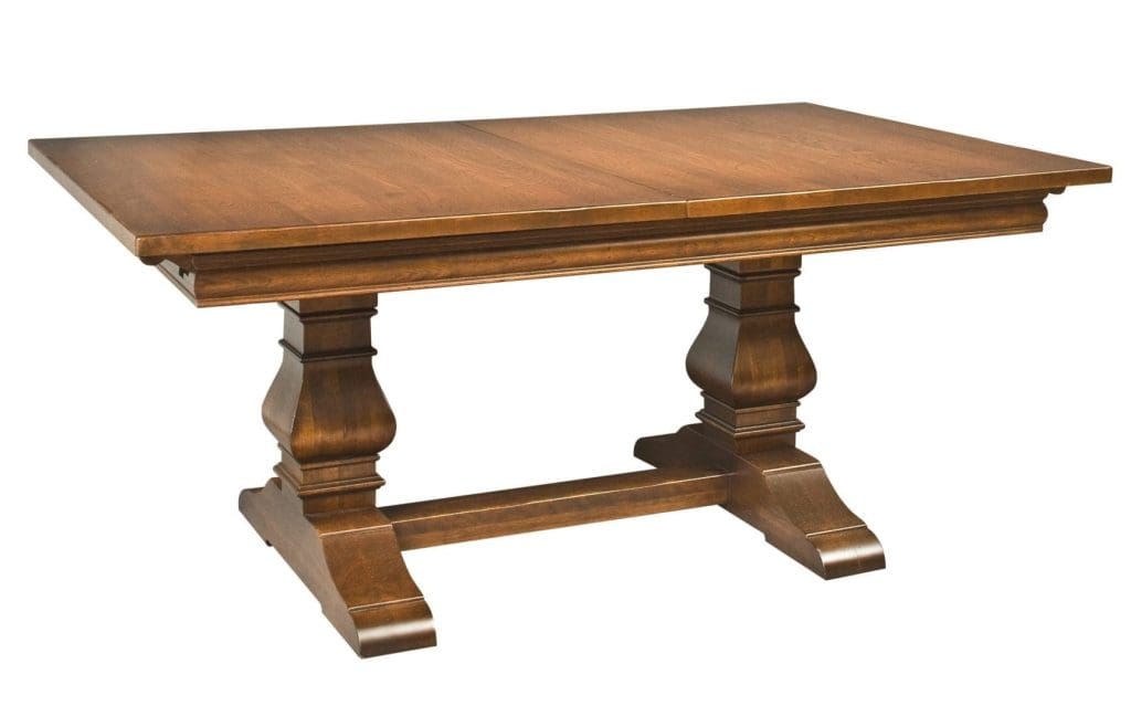 Brown stained wood Tuscany dining table with a rectangle top and a trestle base.