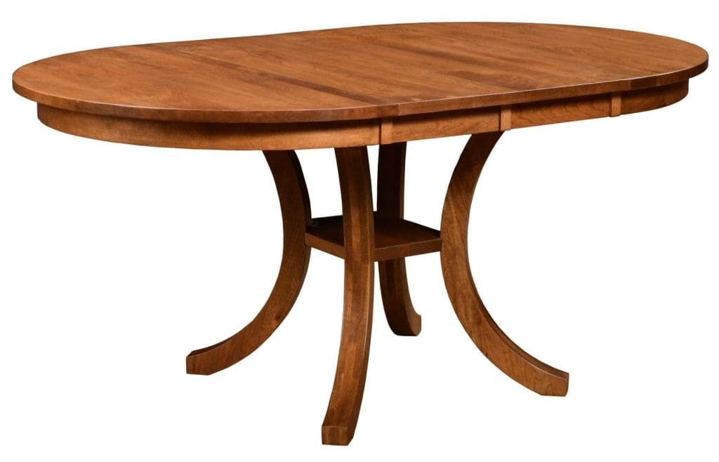 Brown stained American Relaxation dining table with an oval top and 4 curved table legs combined with a small shelf in the middle.