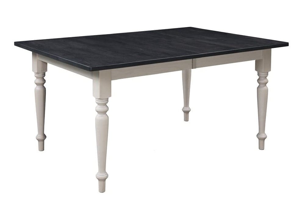 Wood Authentic Craftsman dining table with artisan table legs, a black stained table top, a rectangle top, and a white painted base.