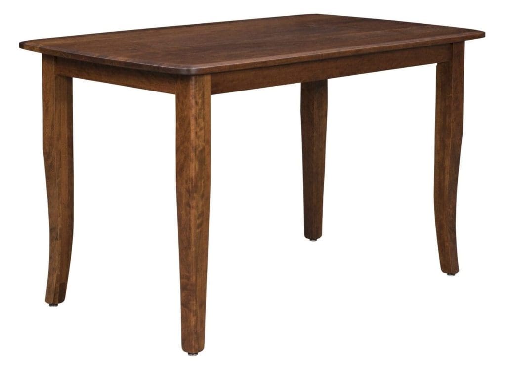 Brown stained wood Easton Pike Mountain dining table with a rectangle top and 4 curved table legs.