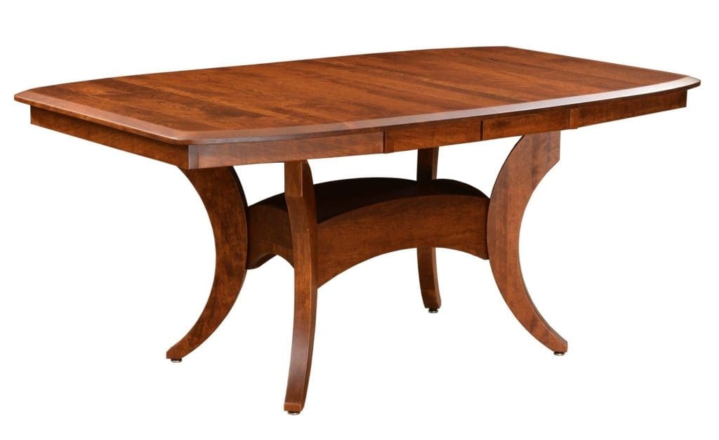 Brown wood Fort Knox dining table with connected table legs and a small drawer in the middle.