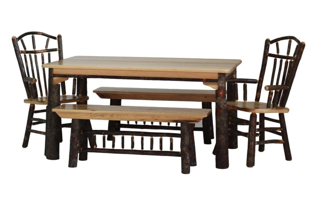 Lodge dining set with a dining table, 2 chairs, and 2 benches. The set features real logs for table legs, bench legs, chair backs, and chair legs.