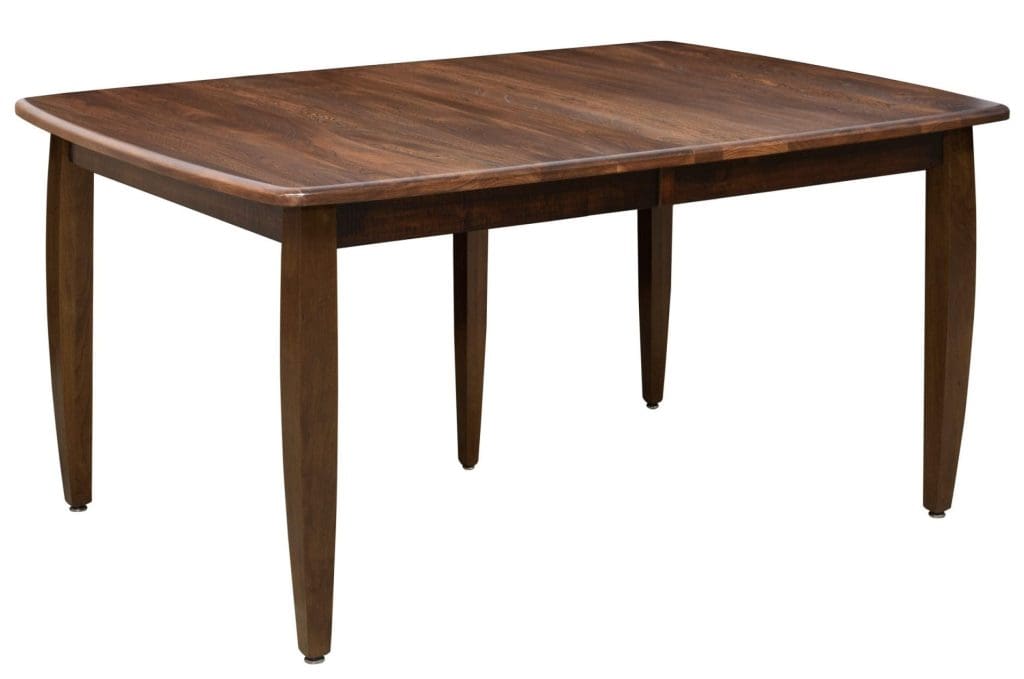 Two-tone brown stained Nashville dining table with curved table legs.