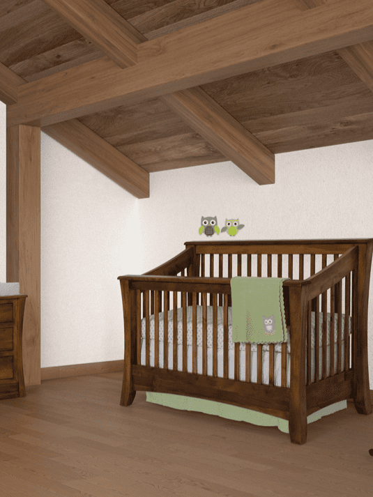 A bedroom with white walls. medium wood flooring and faux wood beams on the ceiling. with a dark wood crib with green bed skirt. 